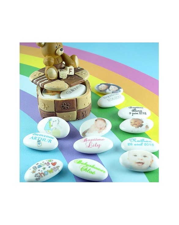 Dragées Baptême Chocolat Personnalisées photo/texte